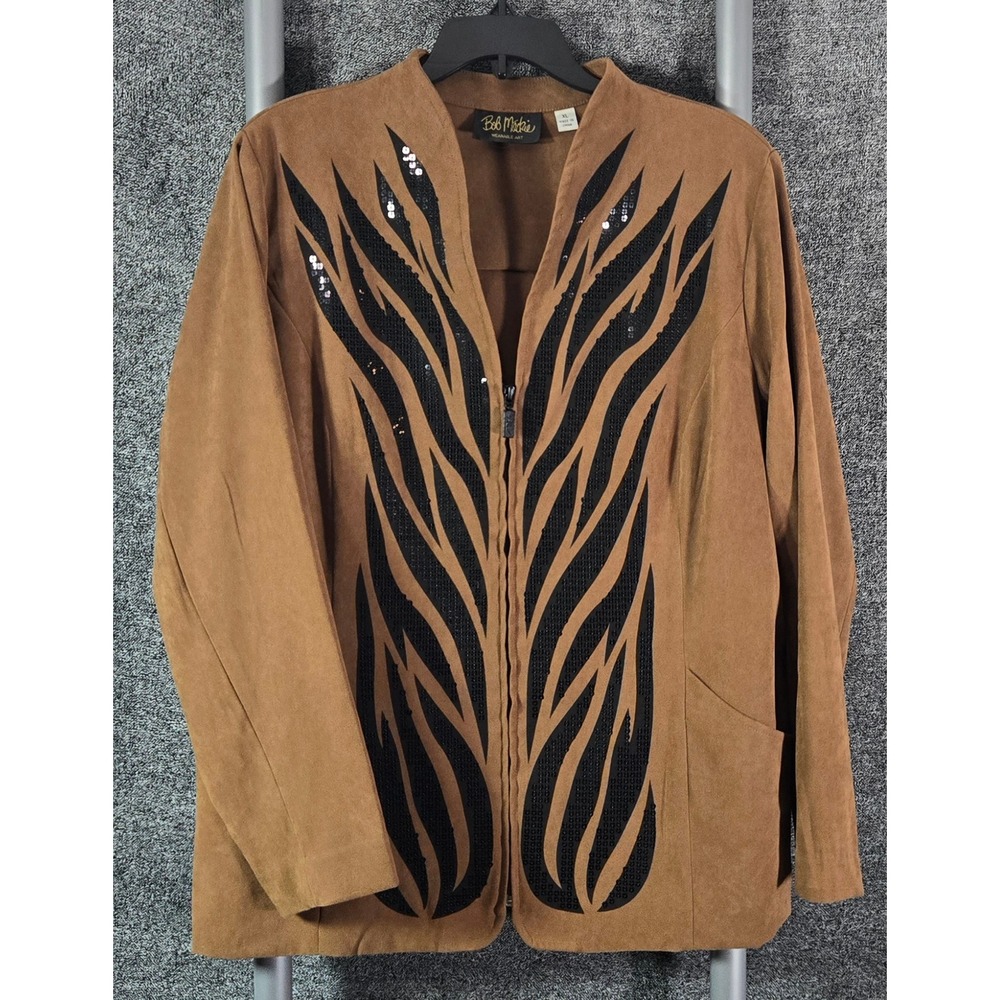 Bob Mackie Wearable Art Faux Suede Sequin Zip Front Jacket Tan Black XL